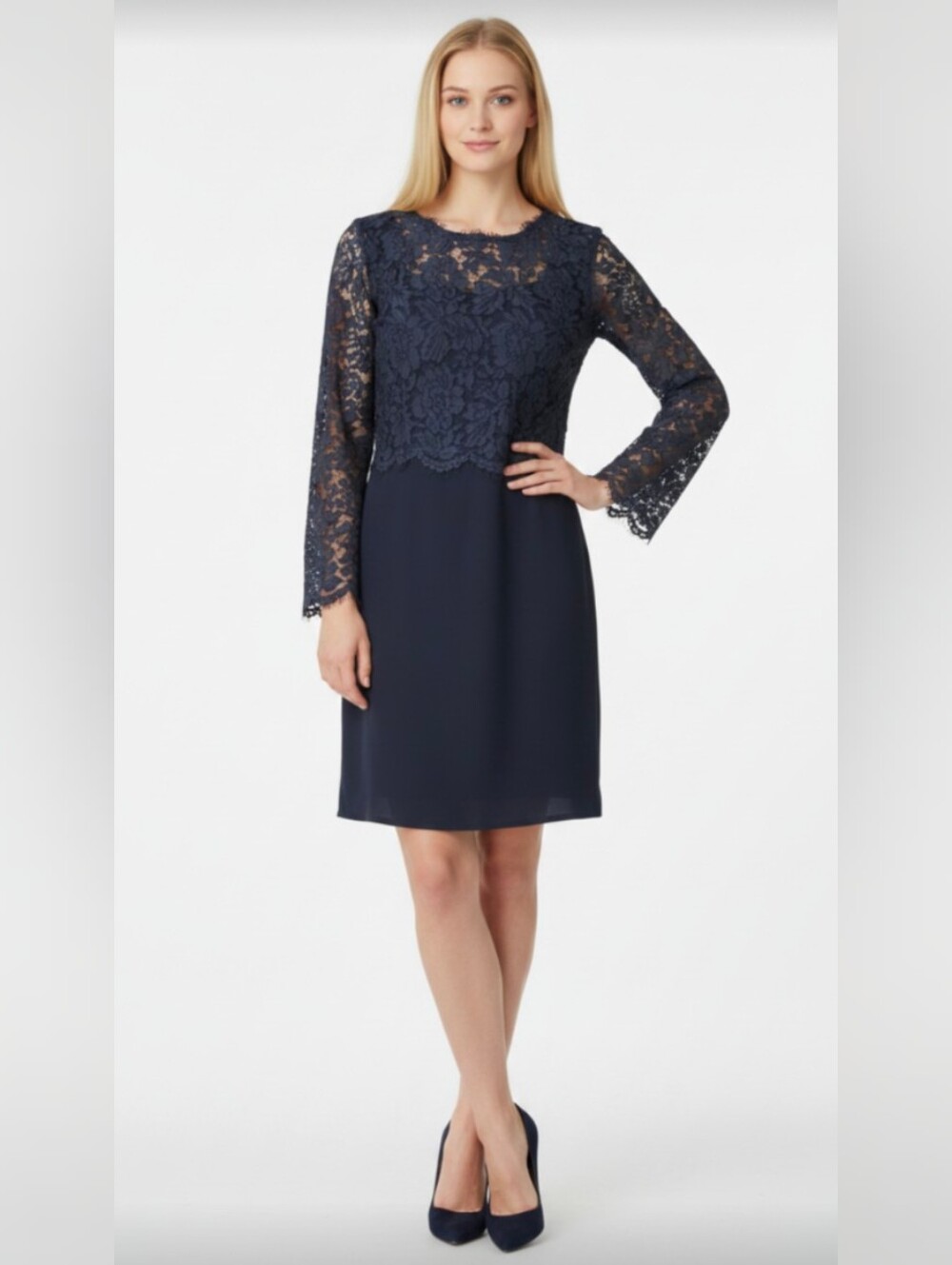 TALBOTS RSVP! STUNNING NAVY BLUE LACE OVER STRETCH PONTE LONG SLEEVE DRESS! 10